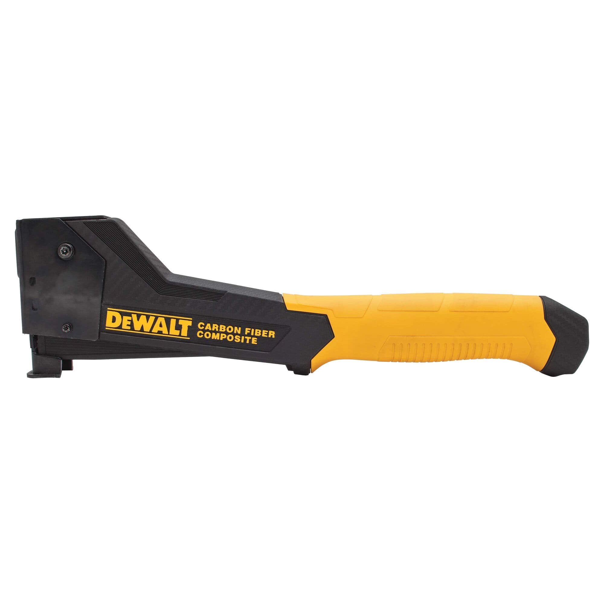 Side profile of the DEWALT lightweight hammer tacker illustrating the slim, high-durability design and the Anti-Jam pinch latch for professional roofing and insulation applications.