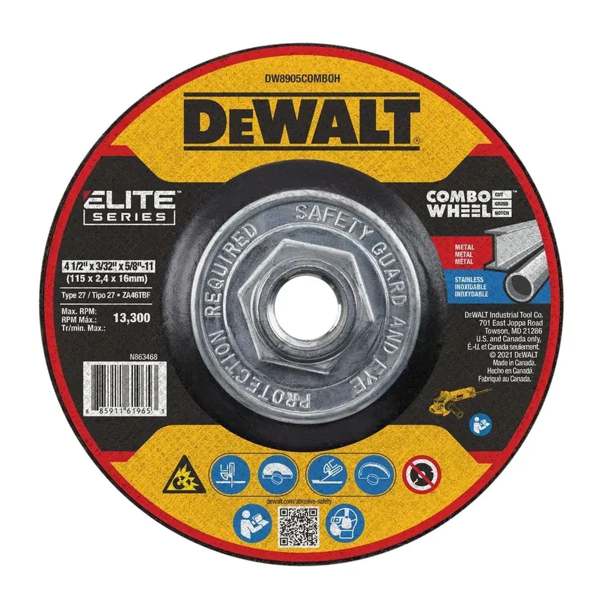 DEWALT DW8905COMBOH 4-1/2-inch combo wheel with 5/8-11 threaded hub and Type 27 profile rated at 13,300 max RPM.