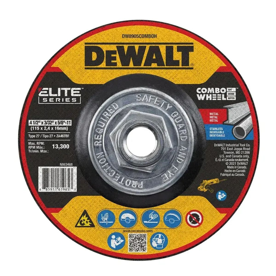 DEWALT DW8905COMBOH 4-1/2-inch combo wheel with 5/8-11 threaded hub and Type 27 profile rated at 13,300 max RPM.