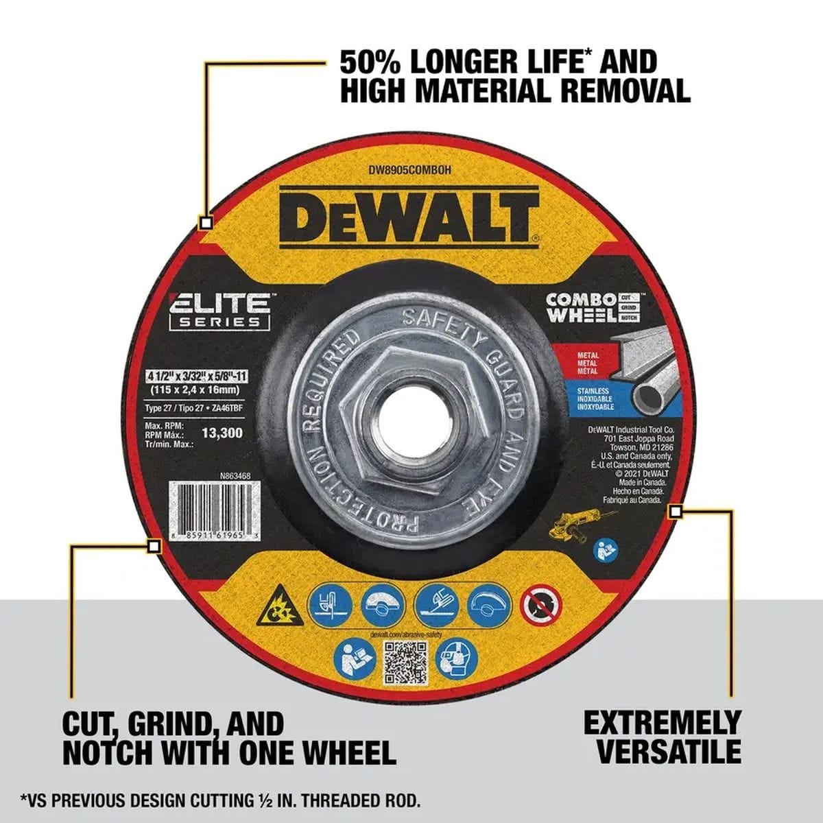 DEWALT Elite Series combo wheel delivering 50% longer life and fast material removal when cutting, grinding, and notching steel.