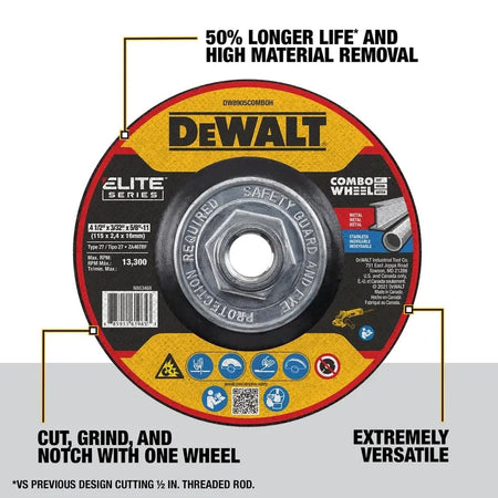 DEWALT Elite Series combo wheel delivering 50% longer life and fast material removal when cutting, grinding, and notching steel.
