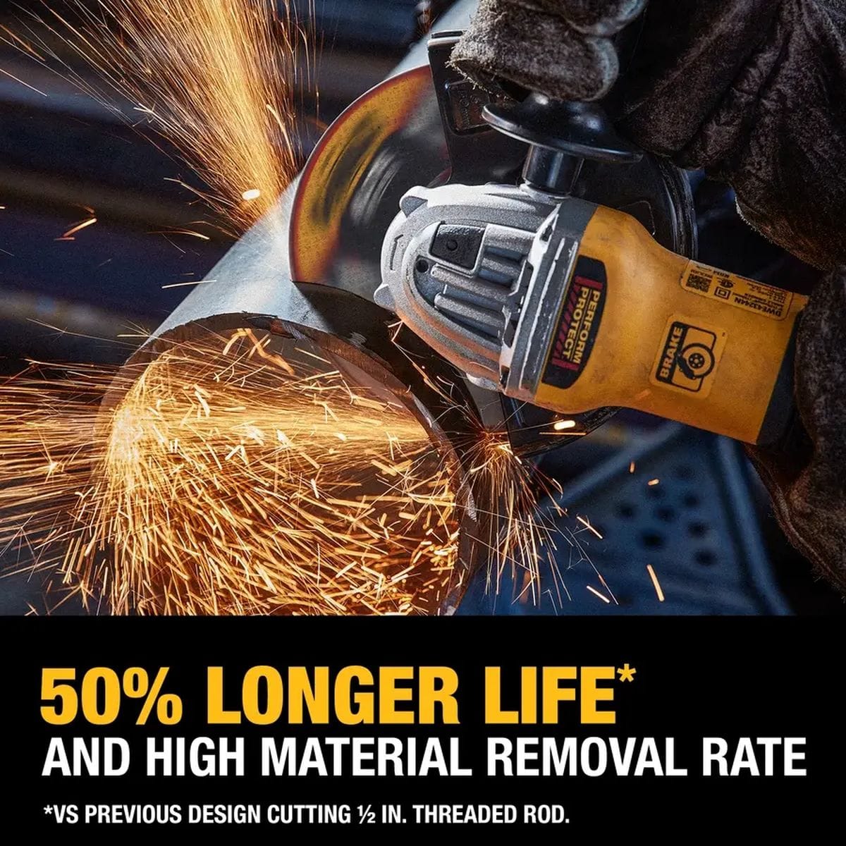 DEWALT 4-1/2-inch combo wheel cutting steel pipe with an angle grinder, delivering 50% longer life and high material removal.