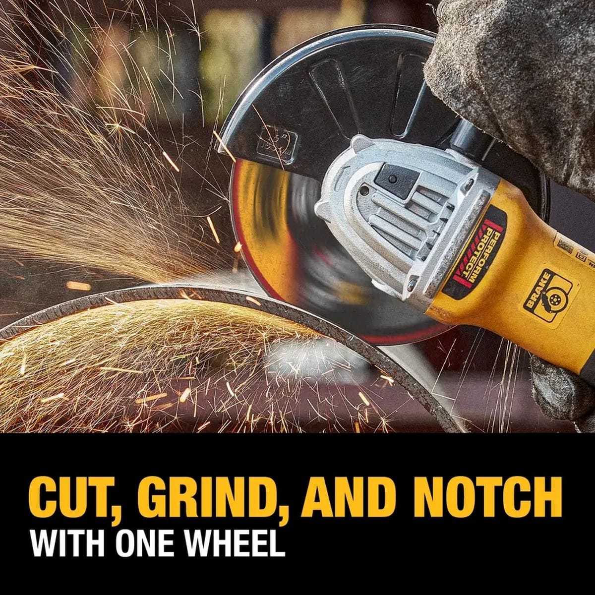 DEWALT 3-in-1 combo abrasive wheel cutting through thick metal pipe with an angle grinder in a burst of sparks.