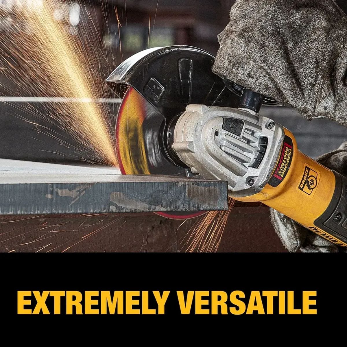 DEWALT combo wheel grinding and notching a thick structural steel plate edge with a handheld angle grinder.