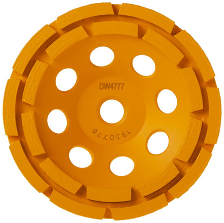 A top-down view of the yellow DEWALT 5-inch double row diamond cup grinding wheel.