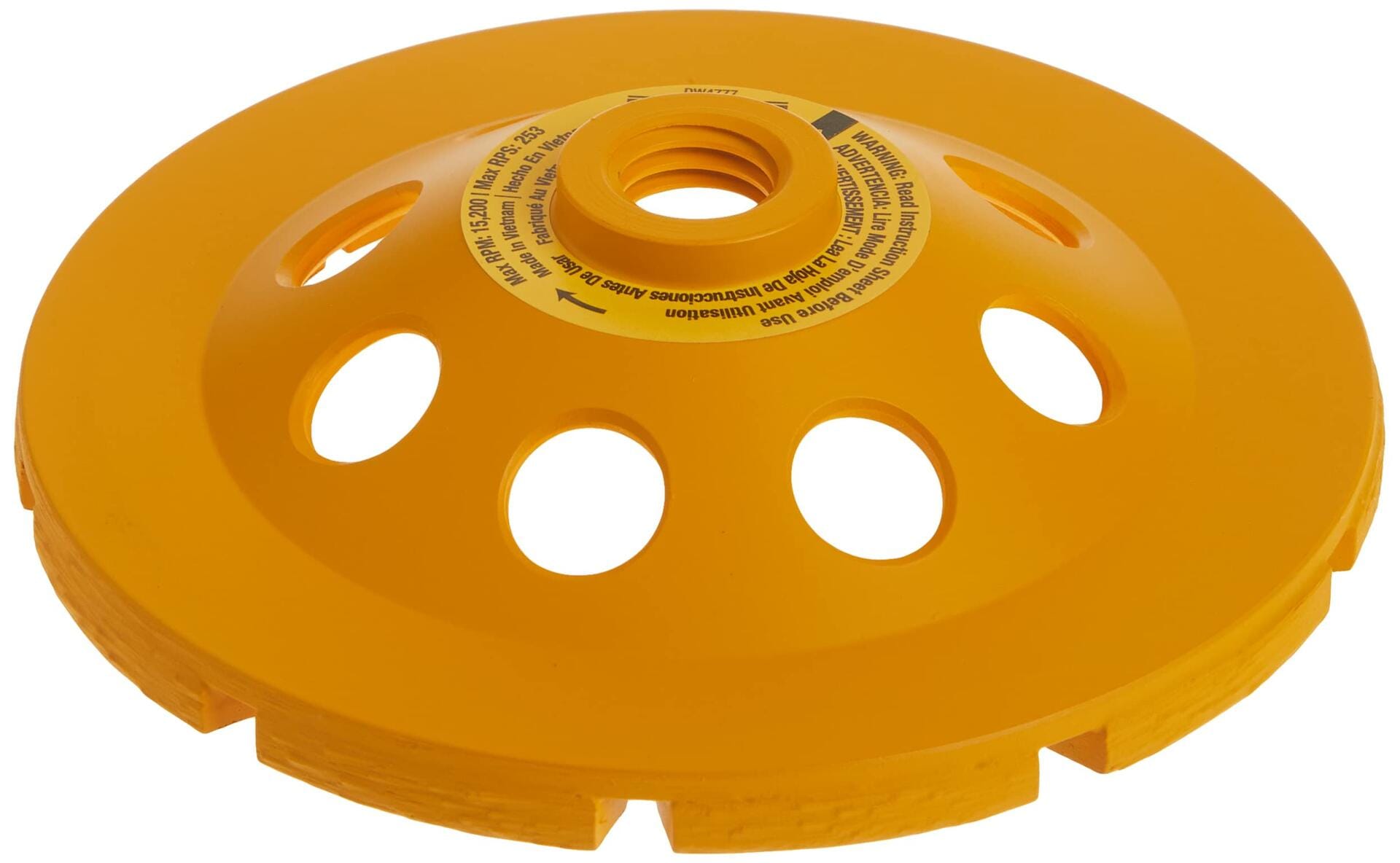 A three-quarter angle view from the back of the DEWALT diamond cup wheel, showing the threaded 5/8-inch-11 arbor.
