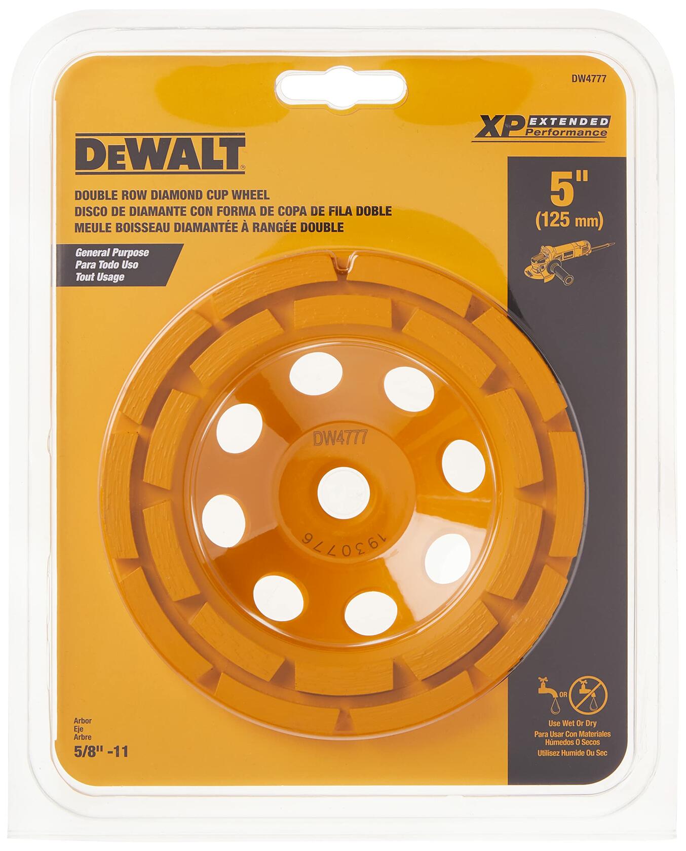 The DEWALT double row diamond cup wheel shown in its retail blister pack packaging.