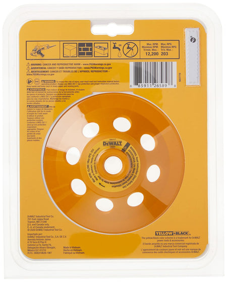 The back of the retail packaging for the DEWALT diamond cup wheel, showing the product barcode, safety warnings, and specifications.