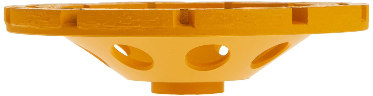A side profile view of the DEWALT diamond cup grinding wheel, showing the thickness of the double row of diamond segments.