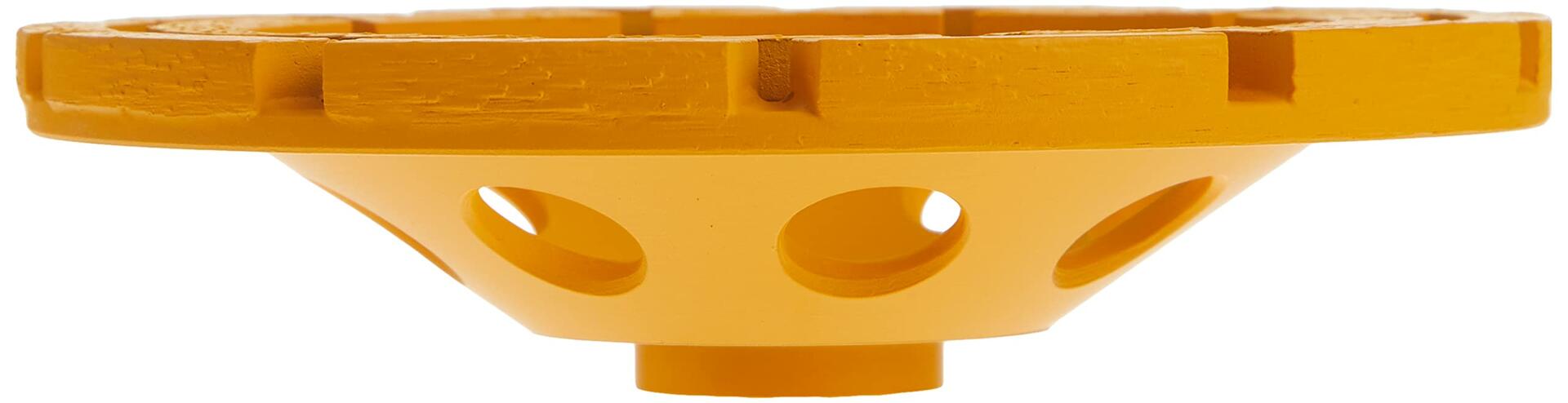A side profile view of the DEWALT diamond cup grinding wheel, showing the thickness of the double row of diamond segments.