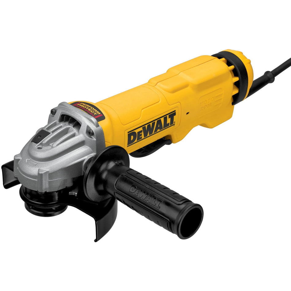 DEWALT DWE43115N high performance corded angle grinder shown from a front three quarter perspective view displaying the auxiliary side handle safety wheel guard and yellow and black motor housing with no lock on paddle switch