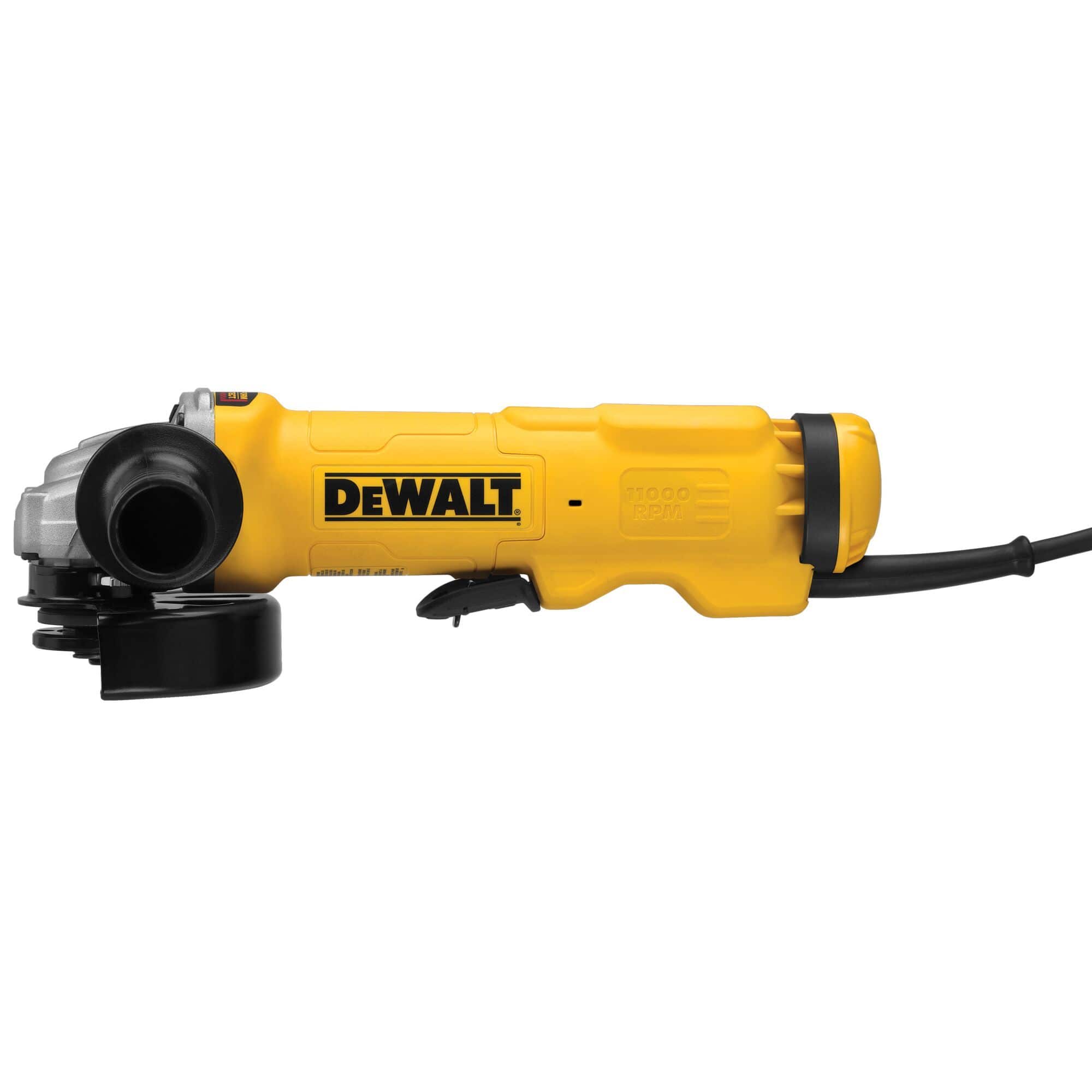Linear left side horizontal profile view of the DEWALT corded angle grinder power tool detailing the slim inline frame body spindle guard assembly and lower paddle switch layout on a solid white background