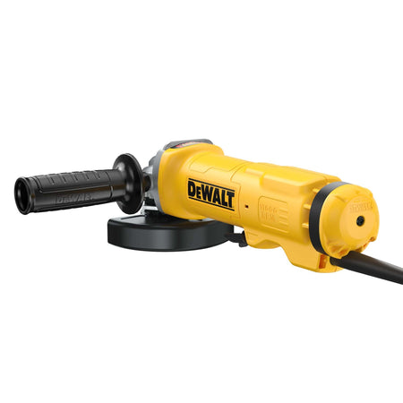 Rear three quarter dynamic perspective studio view of the DEWALT corded angle grinder displaying the ergonomic rubberized back handle assembly and lower no lock on paddle switch path