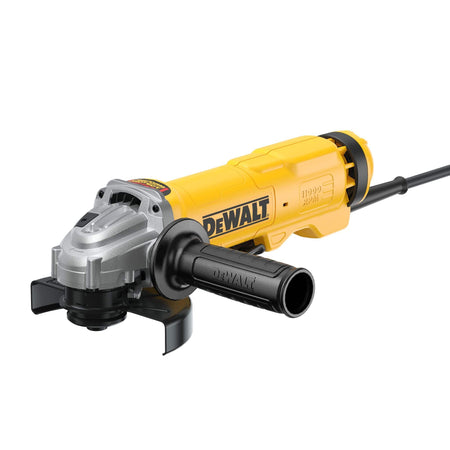 Elevated front three quarter perspective view of the DEWALT high performance corded angle grinder highlighting the silver gear case housing safety guard and side assistance handle on a white background