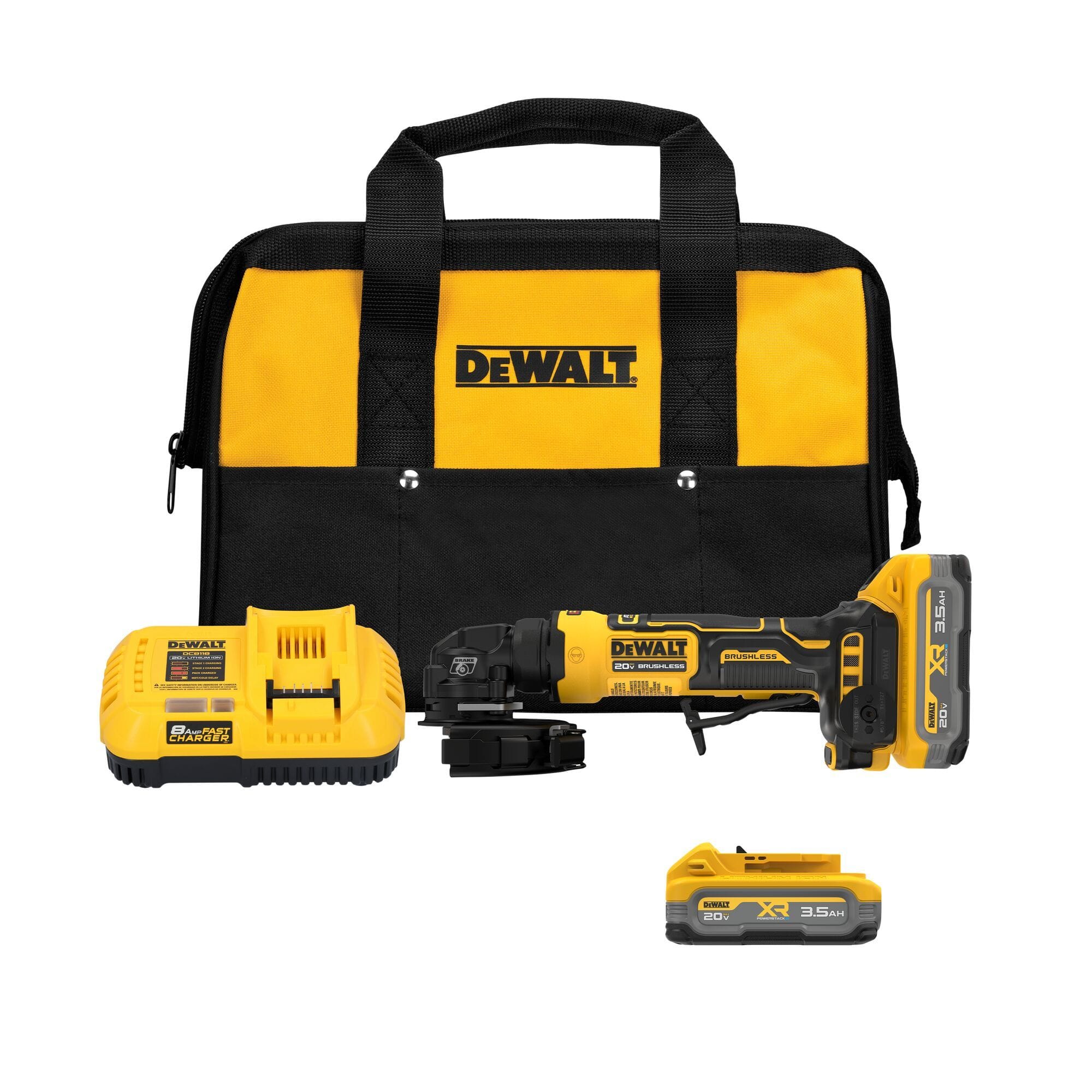 DEWALT DCG400S2 20V MAX ATOMIC compact cordless angle grinder kit contents displayed over a clean white layout background including a yellow and black fabric storage contractor bag, an 8 Amp fast battery charger base, a standalone 3.5 Ah XR POWERSTACK lithium-ion battery block, and the bare angle grinder power tool housing assembly