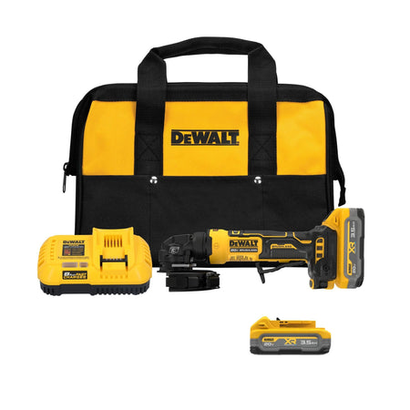 DEWALT DCG400S2 20V MAX ATOMIC compact cordless angle grinder kit contents displayed over a clean white layout background including a yellow and black fabric storage contractor bag, an 8 Amp fast battery charger base, a standalone 3.5 Ah XR POWERSTACK lithium-ion battery block, and the bare angle grinder power tool housing assembly