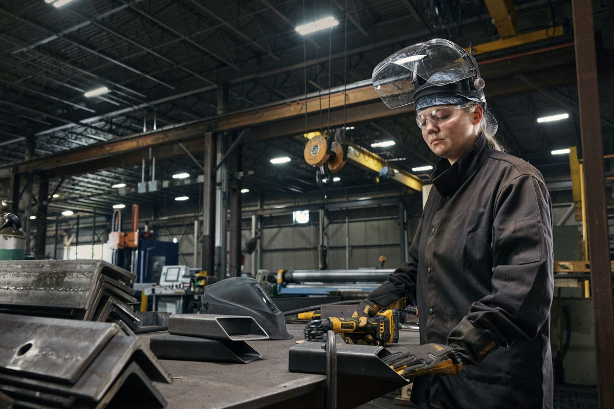 Industrial manufacturing fabricator wearing a protective face shield and safety gloves operating the DEWALT ATOMIC 20V compact cordless grinder at a steel work table inside a large metal fabrication plant