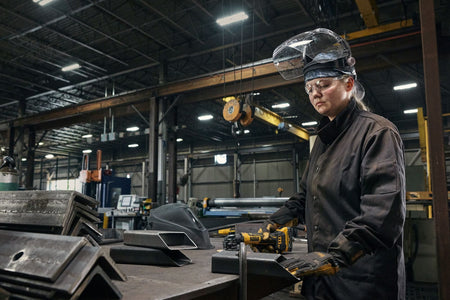 Industrial manufacturing fabricator wearing a protective face shield and safety gloves operating the DEWALT ATOMIC 20V compact cordless grinder at a steel work table inside a large metal fabrication plant