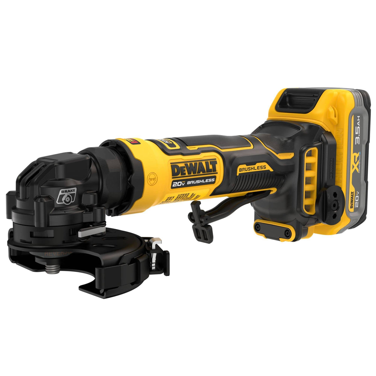 Elevated three-quarter studio profile view of the DEWALT compact cordless angle grinder showcasing its textured rubberized handle grip, underslung paddle switch mechanism, adjustable protective steel safety wheel guard, and attached yellow 3.5 Ah battery pack module