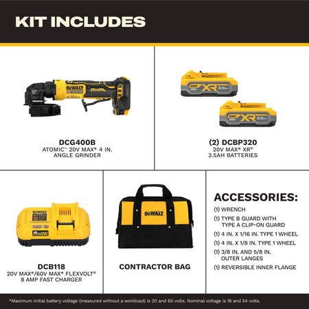 DEWALT DCG400S2 cordless angle grinder kit accessory breakdown diagram displaying separate compartments detailing the DCG400B atomic bare tool housing body, two DCBP320 3.5 Ah batteries, a DCB118 dual-voltage 8 Amp fast battery charger dock, a fabric storage bag, and specialized abrasive cutting wheels, flanges, and guard modules