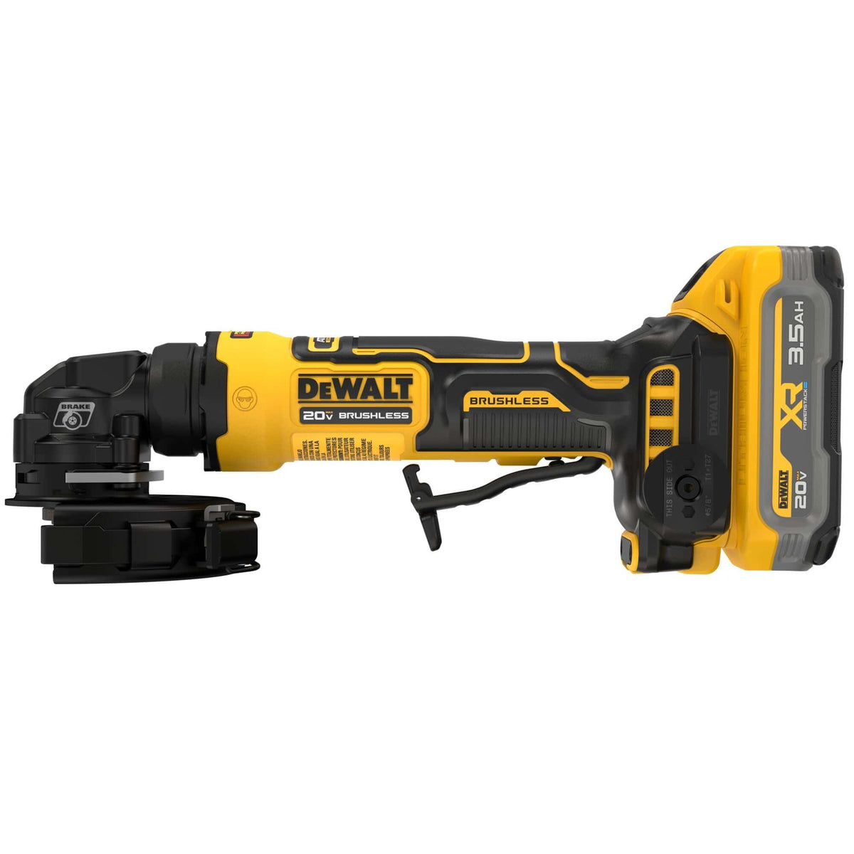 Direct horizontal left side profile studio view of the DEWALT compact cordless angle grinder detailing the slender yellow motor chassis casing, central branding prints, lower paddle trigger linkage path, and rear-mounted lithium-ion cell slot configuration over a solid white backdrop