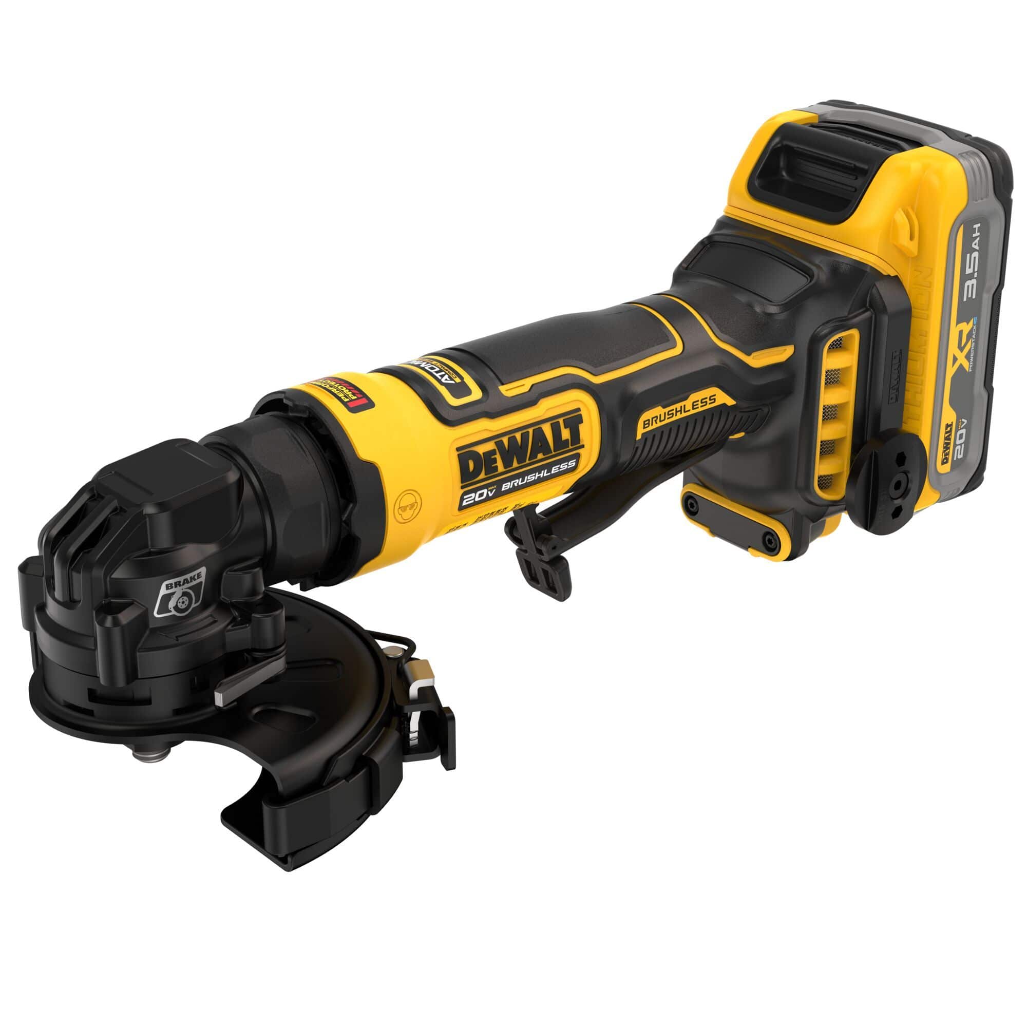 Low-angle three-quarter rear perspective studio view of the DEWALT compact brushless angle grinder showcasing the heavy-duty gear case housing guard ring layout and textured black battery pack assembly seated at the tail base of the tool handle frame