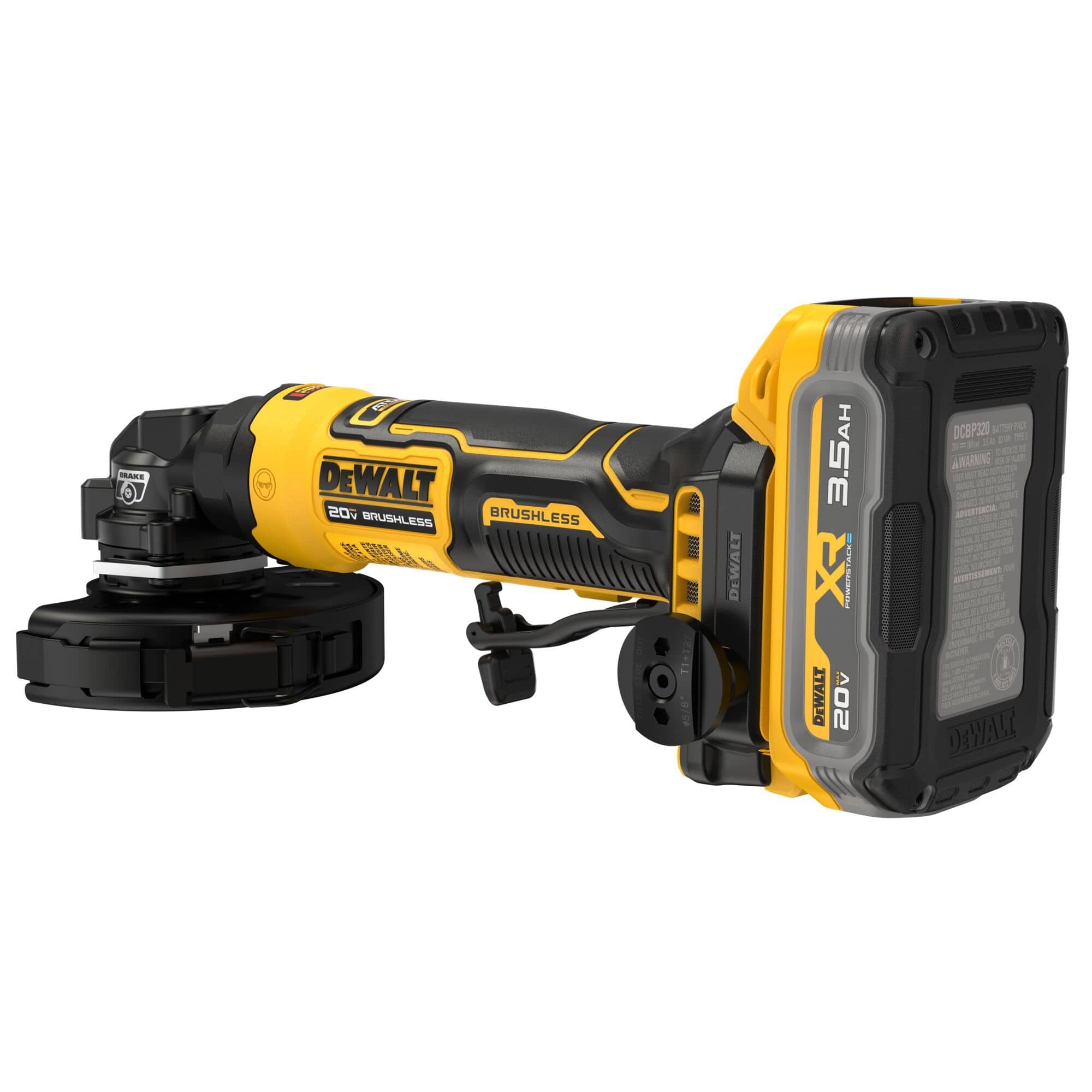 Oblique right side horizontal profile studio view of the DEWALT cordless compact angle grinder highlighting the technical warning label specifications screen, lower battery latch point, and clear brushless motor branding labels on the back side of the chassis case