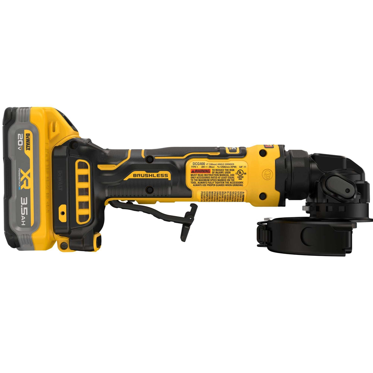Direct right side horizontal horizontal view of the DEWALT compact cordless angle grinder displaying the technical instruction text panel on the yellow motor shell frame, the black paddle switch lock-off catch tab, and the side air intake vent windows