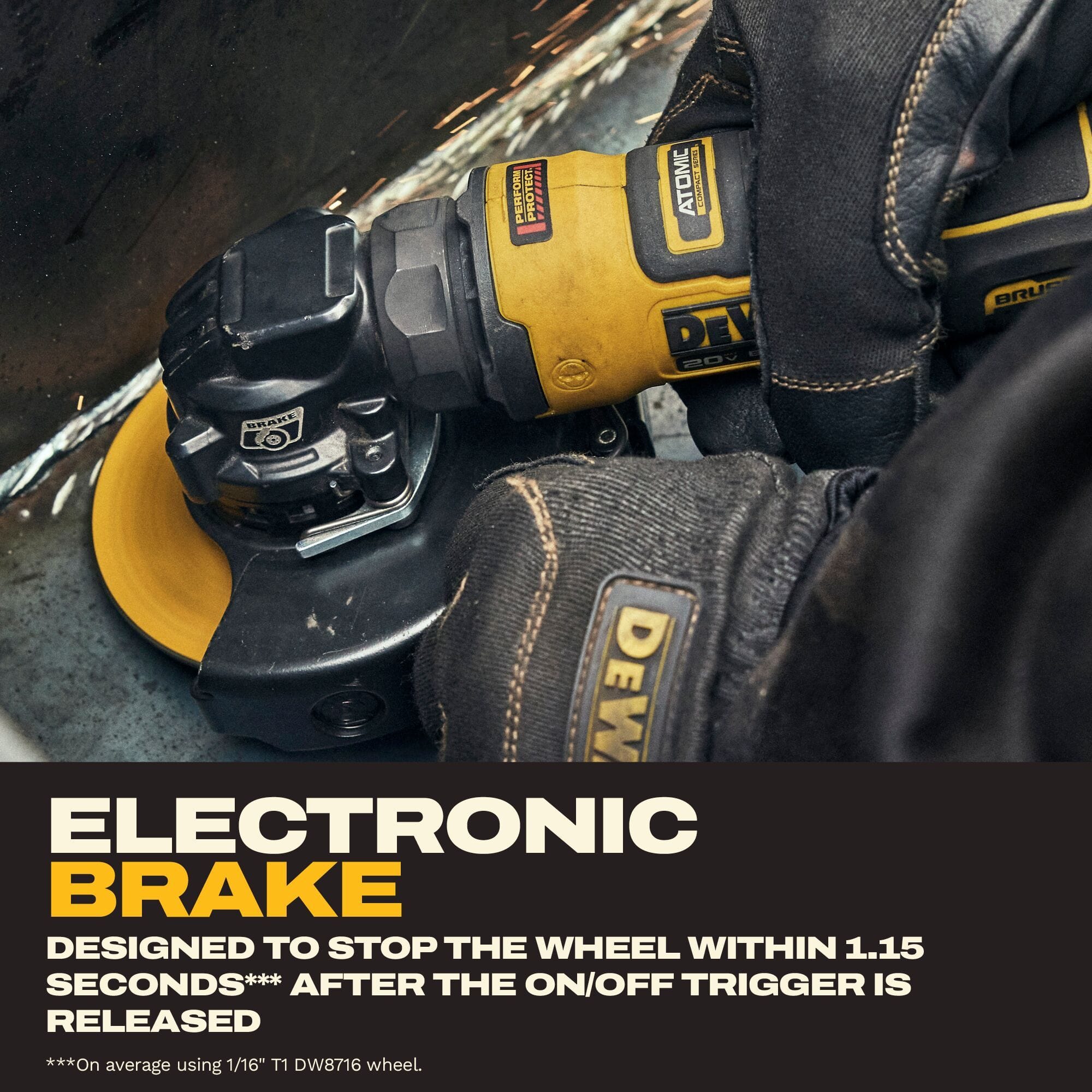 Close-up jobsite action photograph of a trade professional wearing protective leather work gloves holding a DEWALT angle grinder to smooth a metal edge with a lower graphic text banner indicating its electronic brake stops the wheel within 1.15 seconds after trigger release