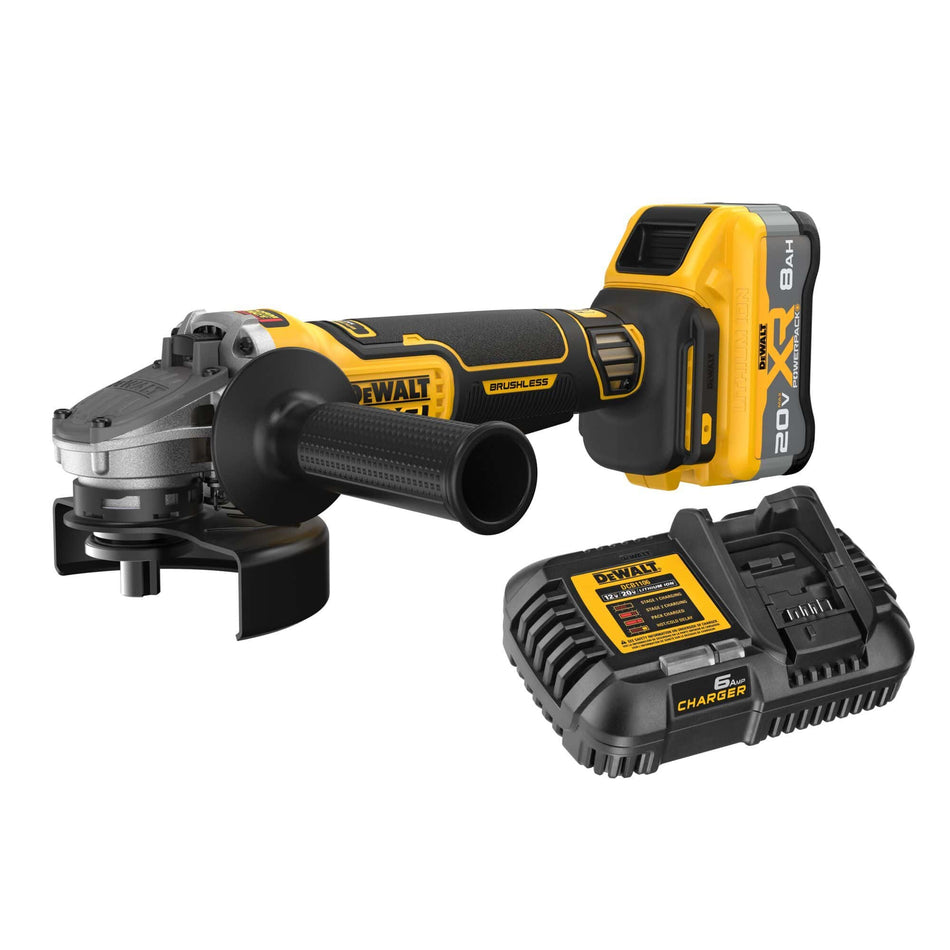 DEWALT DCG410WW1 20V MAX XR cordless angle grinder displayed from a three-quarter perspective alongside its included standalone 6 Amp high-capacity battery fast charger base on a white backdrop