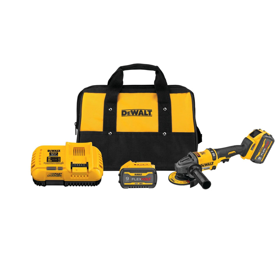 DEWALT DCG418X2 60V MAX FLEXVOLT cordless angle grinder kit pieces laid out on a white background including a black and yellow storage contractor bag fan cooled fast battery charger 9.0 Ah battery pack and handheld grinder tool