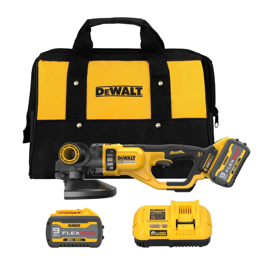 Complete DEWALT DCG460X2 angle grinder kit setup displaying the cordless tool body with a battery attached alongside a secondary 60V MAX 9.0 Ah lithium ion battery pack an 8 amp fast charger and a yellow and black storage bag