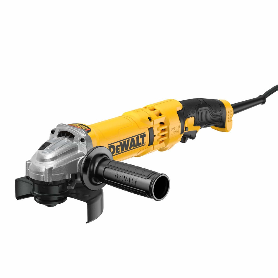 DEWALT DWE43115 high performance corded angle grinder shown from a front three quarter perspective view displaying the auxiliary side handle safety wheel guard and yellow and black motor housing