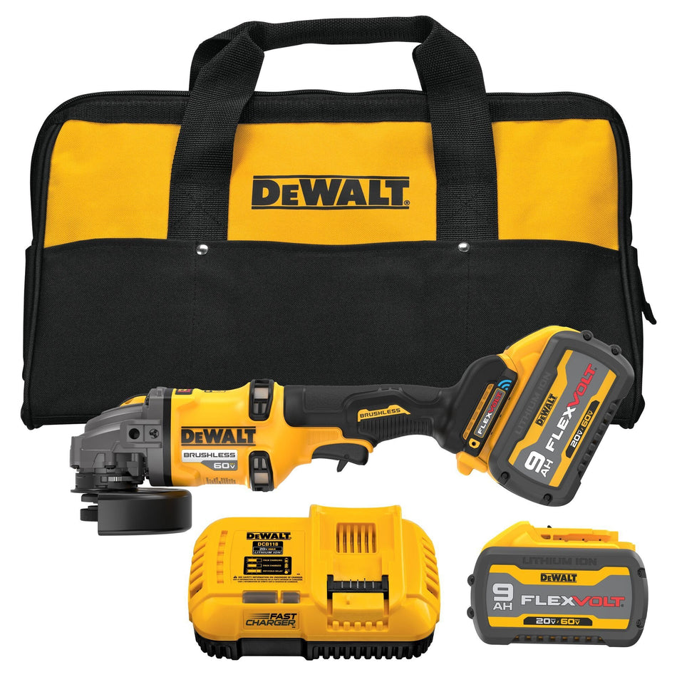 DEWALT DCG418SHDX2 60V MAX cordless small angle grinder kit components showing the brushless tool body with an attached 9.0 Ah FLEXVOLT battery alongside a fast charger, secondary battery, and a yellow and black tool bag