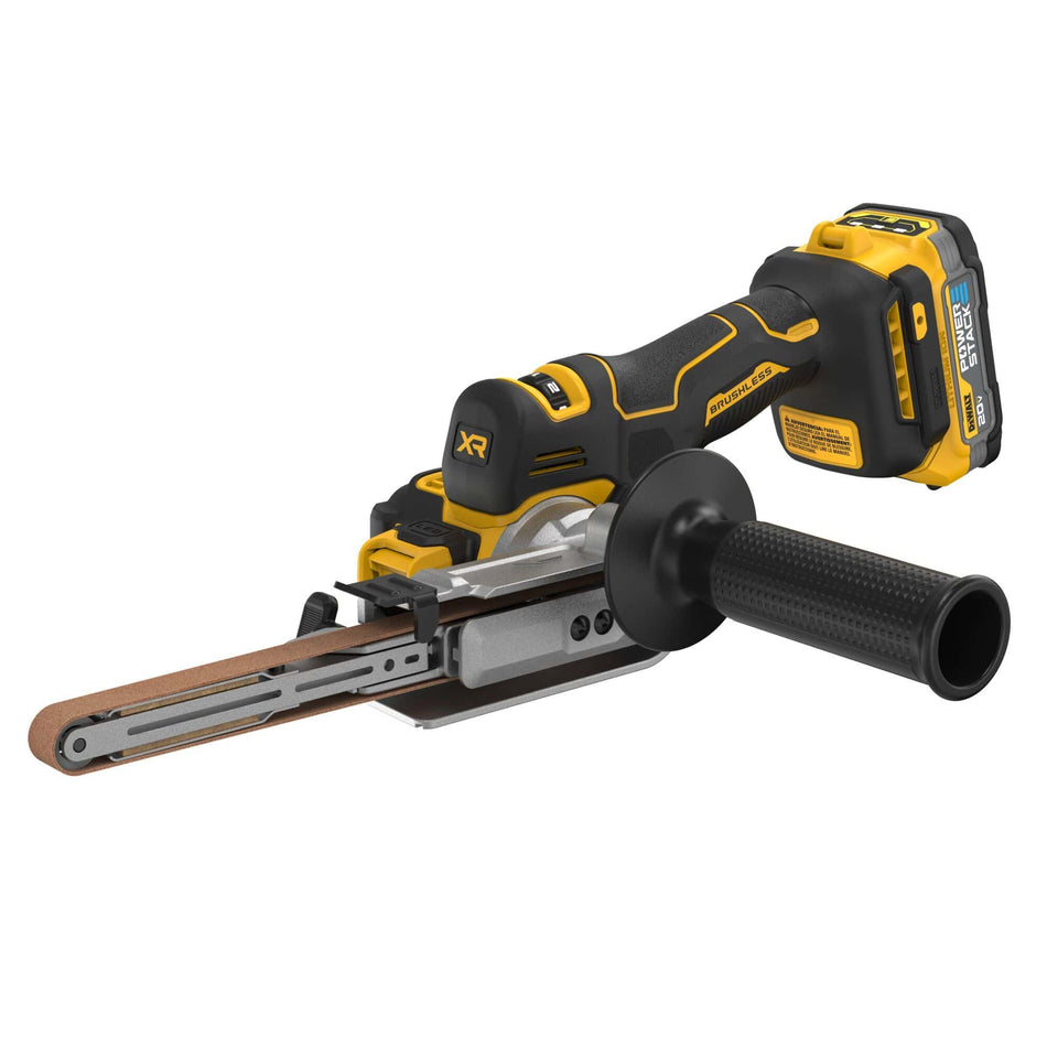 DEWALT DCM200E1 20V MAX XR cordless 18 inch bandfile sander shown from a front three quarter perspective view with a detachable side handle and an attached premium compact battery pack
