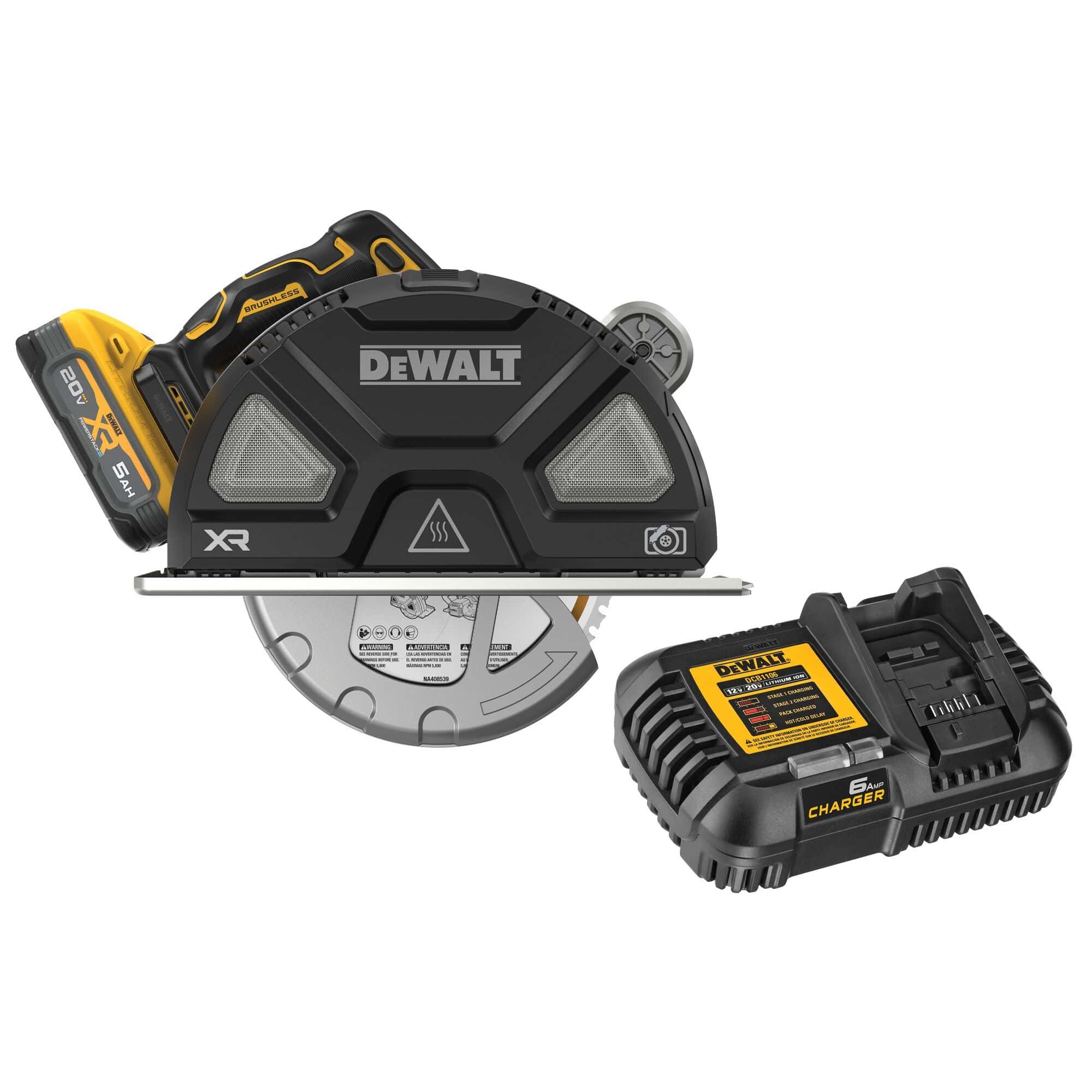 DEWALT DCS383H1 20V MAX XR cordless metal cutting circular saw displayed from a front profile perspective alongside an attached 5 Ah battery pack and an unattached black fast battery charger module isolated on a white background