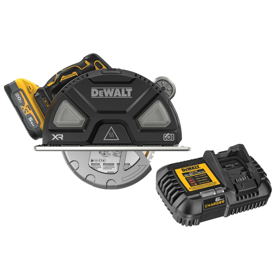 DEWALT DCS383H1 20V MAX XR cordless metal cutting circular saw displayed from a front profile perspective alongside an attached 5 Ah battery pack and an unattached black fast battery charger module isolated on a white background