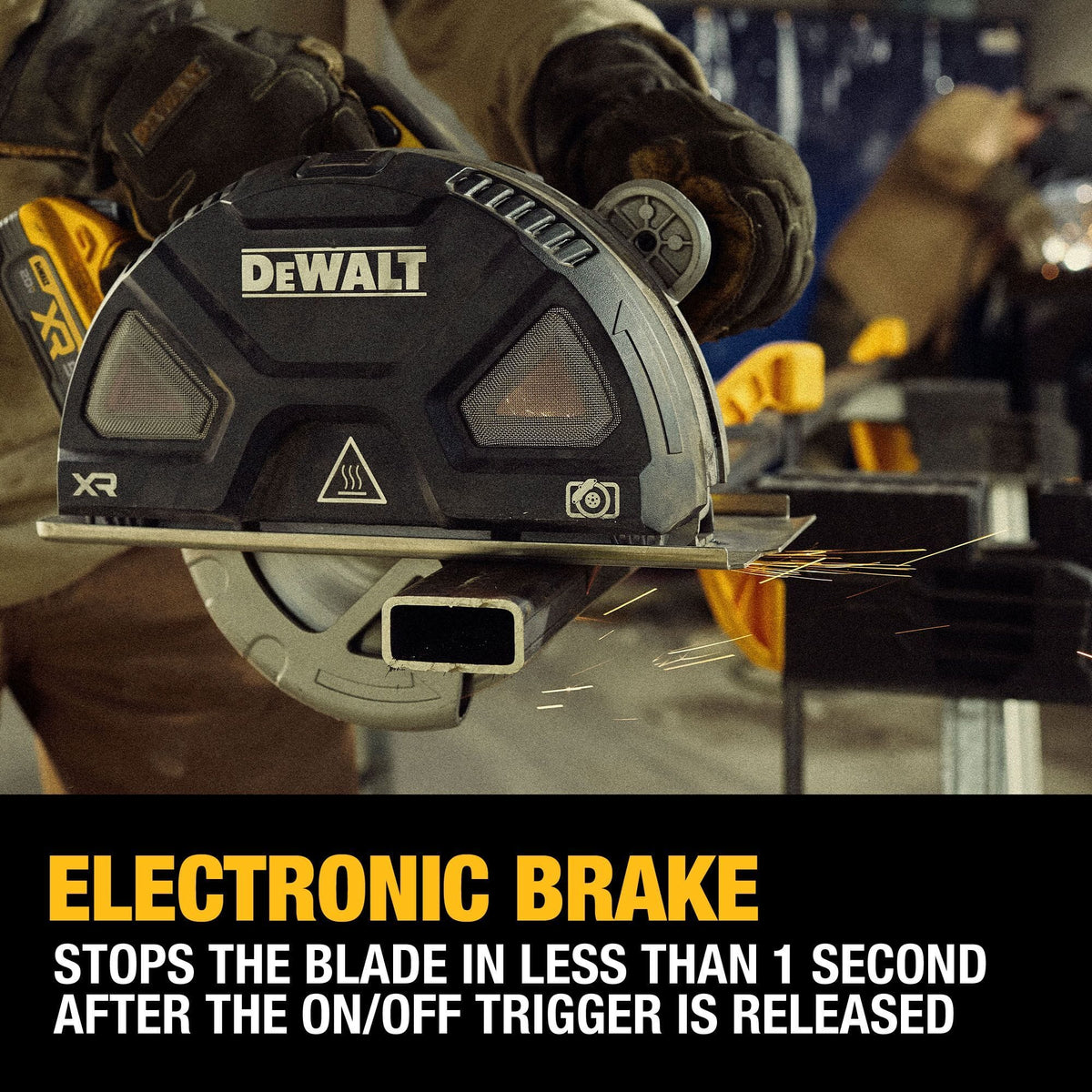 Close-up infographic of the DEWALT DCS383H1 cordless circular saw cutting a structural steel tube with a bold lower banner highlighting the electronic brake that stops the blade in less than 1 second