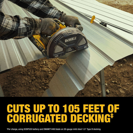 Action infographic of a contractor using the DEWALT 20V MAX XR metal cutting circular saw to slice corrugated metal decking with a text callout stating it cuts up to 105 feet per charge