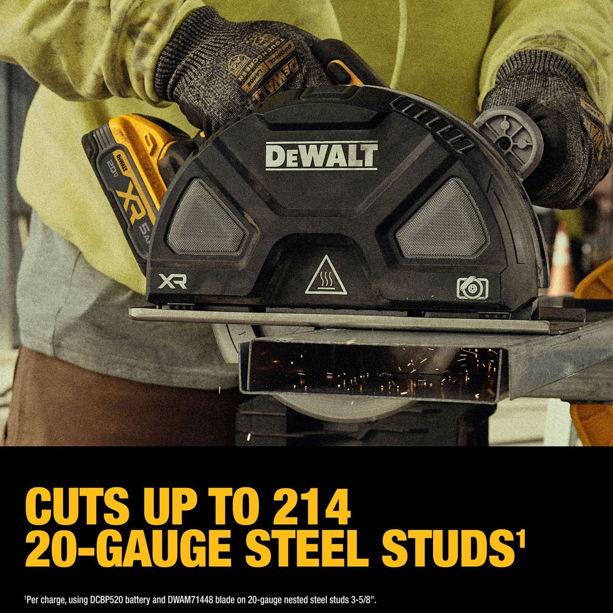 Infographic image of the DEWALT cordless circular saw sectioning 20-gauge steel studs with a yellow text banner indicating it cuts up to 214 steel studs per charge