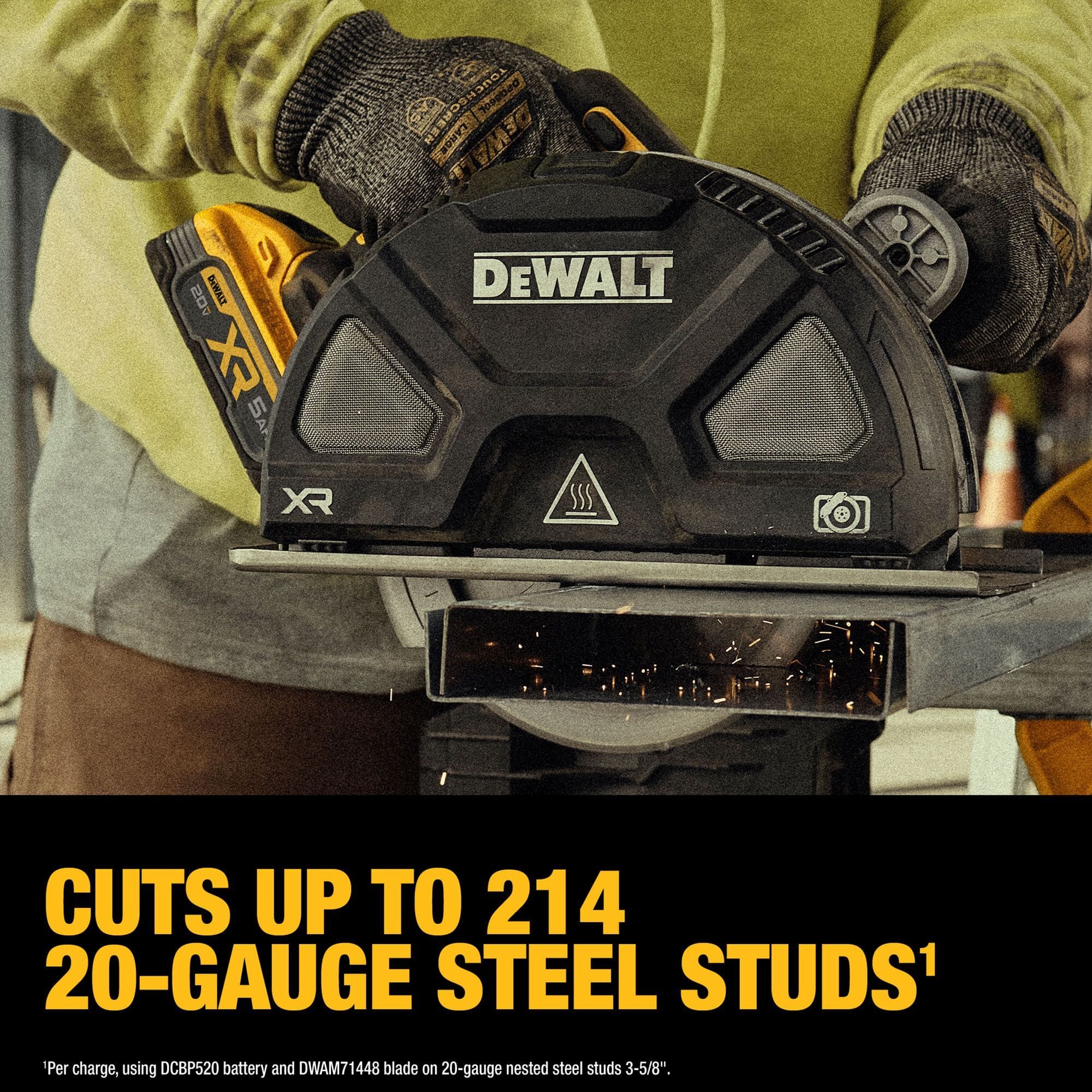 Infographic image of the DEWALT cordless circular saw sectioning 20-gauge steel studs with a yellow text banner indicating it cuts up to 214 steel studs per charge