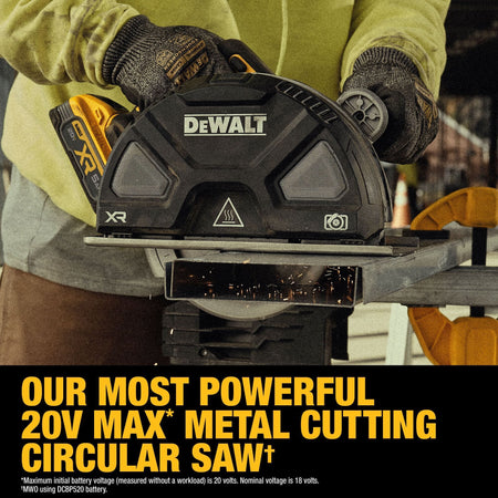 Product capability infographic focusing on the DEWALT DCS383H1 brushless circular saw cutting a metal channel profile with a text graphic identifying it as our most powerful 20V MAX metal cutting circular saw