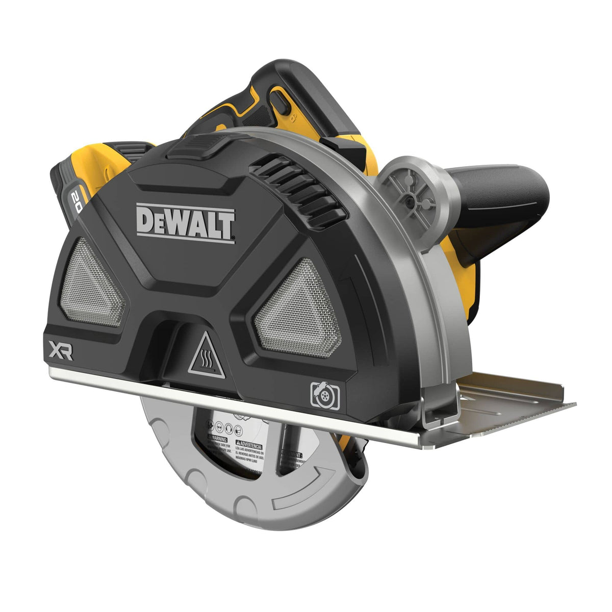 DEWALT DCS383H1 cordless circular saw shown from a front three-quarter studio angle highlighting the prominent black blade guard shield with integrated mesh windows hot surface warning logo and steel base plate shoe