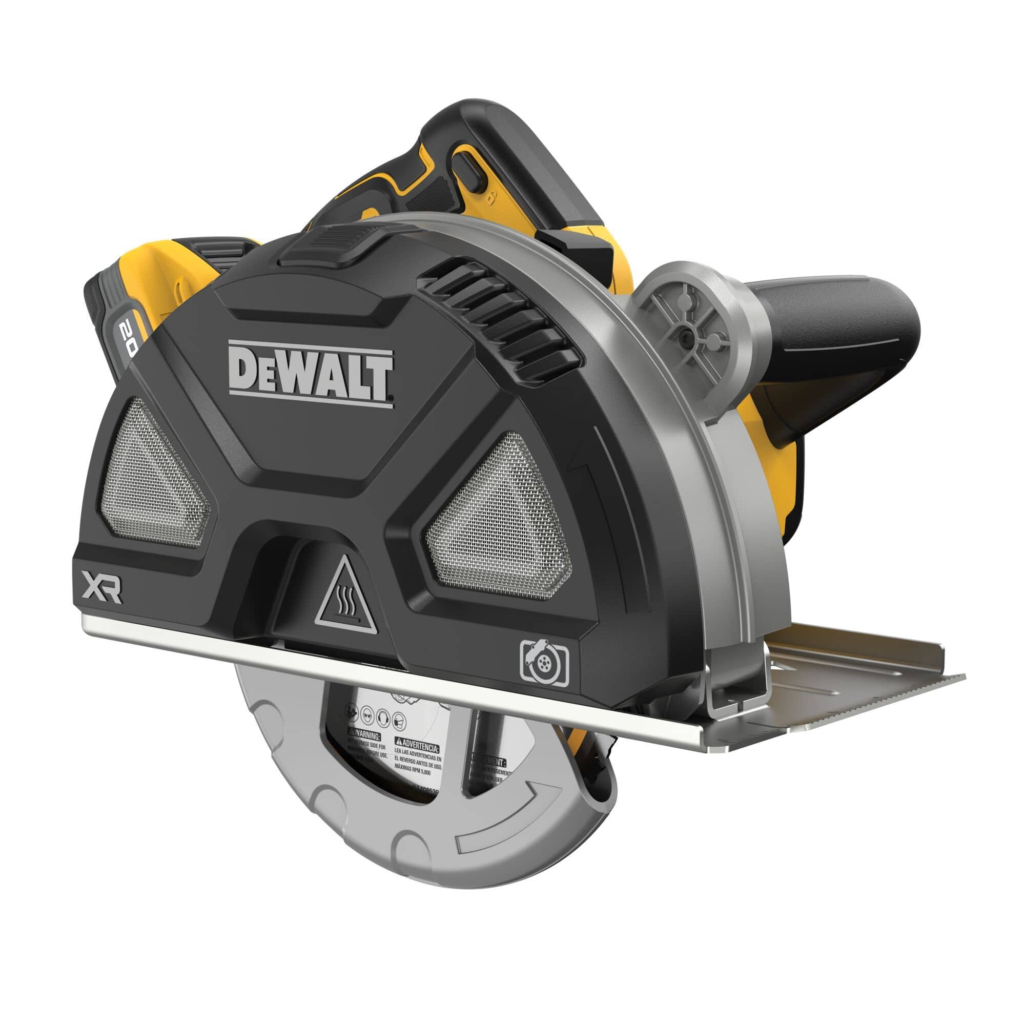DEWALT DCS383H1 cordless circular saw shown from a front three-quarter studio angle highlighting the prominent black blade guard shield with integrated mesh windows hot surface warning logo and steel base plate shoe
