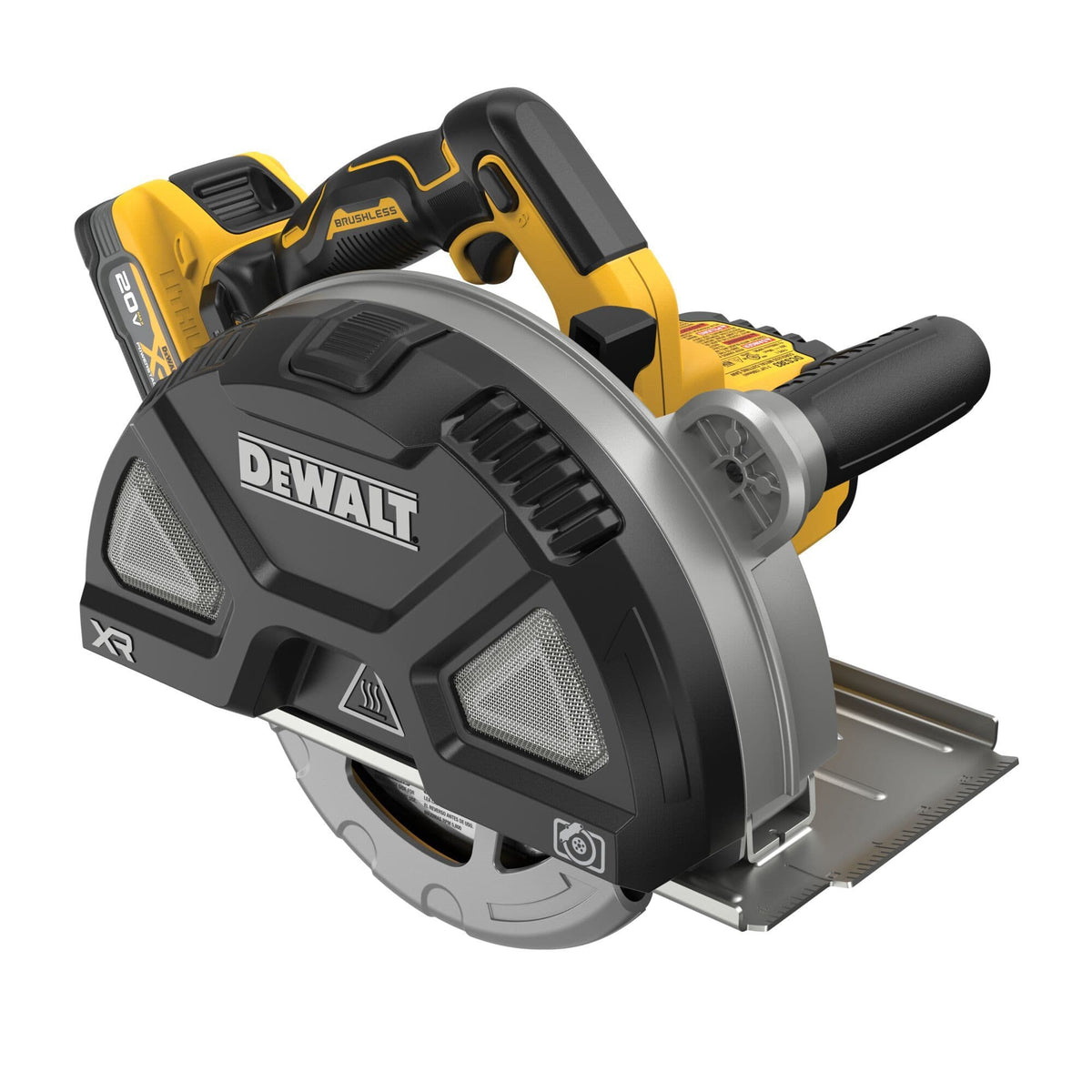 Elevated front three-quarter perspective view of the DEWALT DCS383H1 cordless power saw showcasing the textured rubberized top handle rear battery port slot and front auxiliary stabilization handle knob