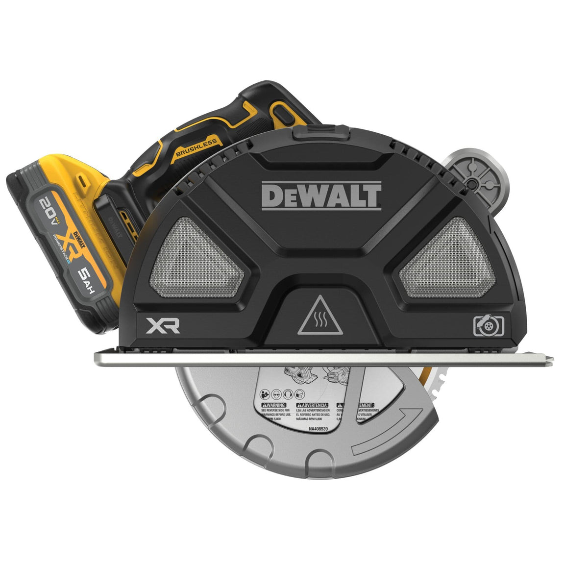 Direct front vertical orientation shot of the DEWALT DCS383H1 circular saw focusing on the structural upper blade guard housing assembly and lower movable semi-clear safety blade guard over a solid white background