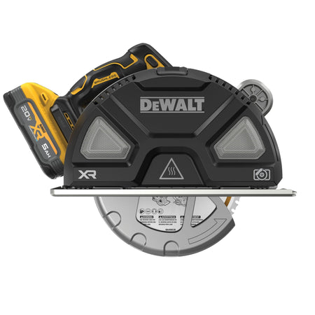 Direct front vertical orientation shot of the DEWALT DCS383H1 circular saw focusing on the structural upper blade guard housing assembly and lower movable semi-clear safety blade guard over a solid white background