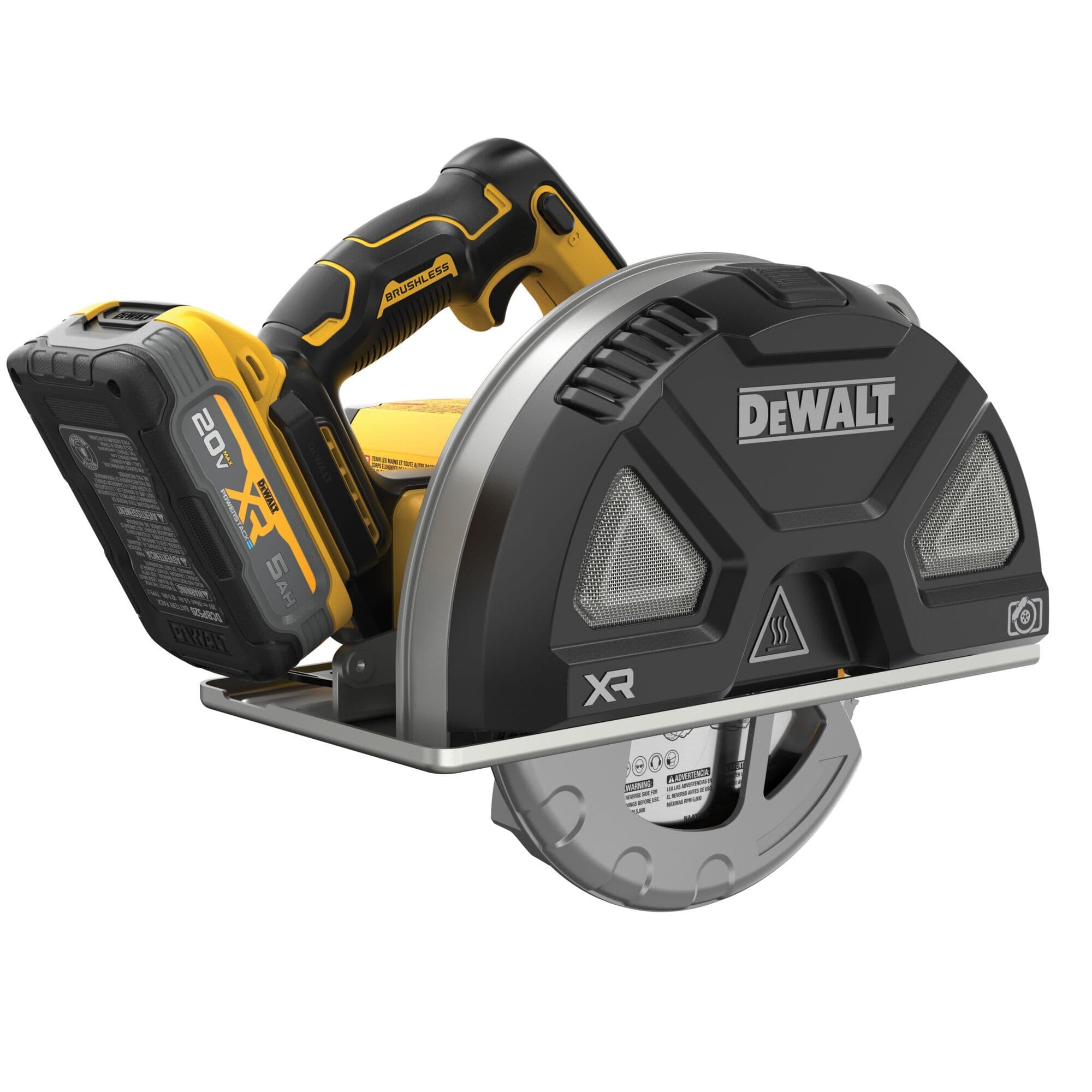Rear lower angle three-quarter profile studio view of the DEWALT DCS383H1 cordless metal saw emphasizing the flat steel guiding shoe plate back motor end cap assembly and attached 20V MAX XR POWERSTACK battery pack