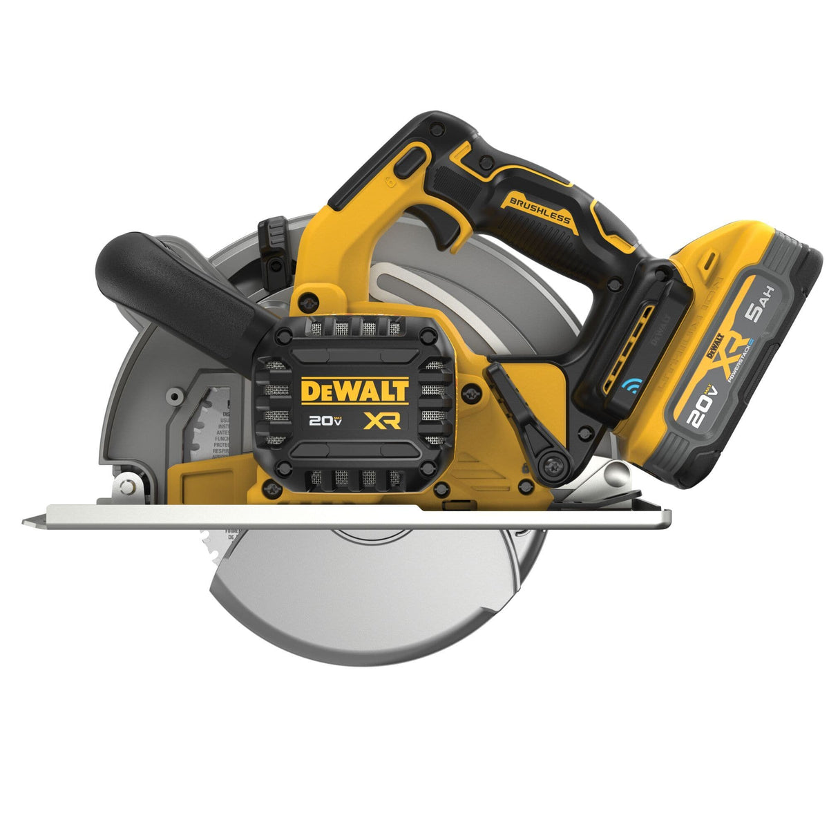 Direct rear side profile view of the DEWALT DCS383H1 cordless circular saw highlighting the yellow motor chassis frame brush placement windows spindle depth adjustment lever arm and battery mount configuration