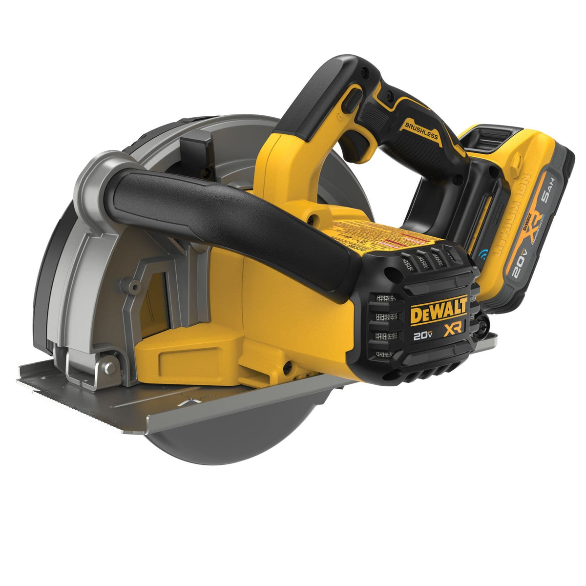 Rear upper three-quarter perspective angle view of the DEWALT DCS383H1 cordless circular saw showcasing the ergonomic main switch trigger grip handle structural chassis contours and side auxiliary control handle grip